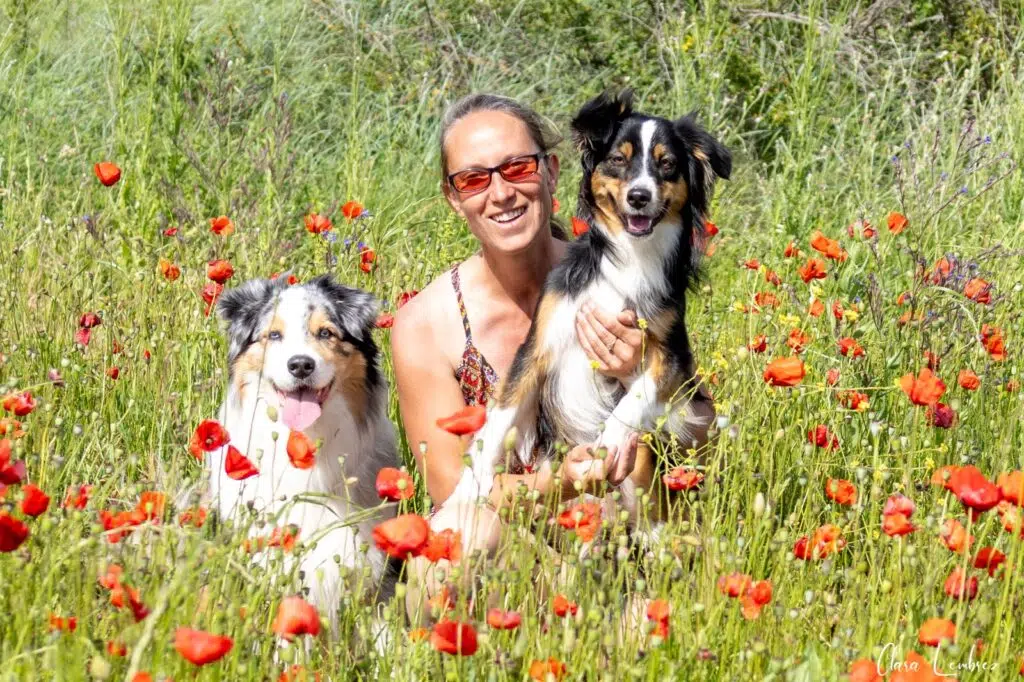 Alexandra Marie et ses deux bergers australiens, éducatrice canine à Montpellier