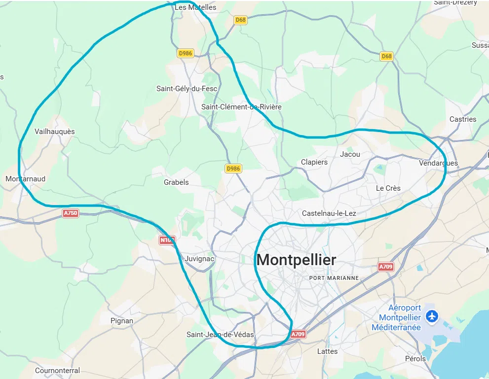 Carte de la zone d'intervention de Doggy's Harmony autour de Montpellier